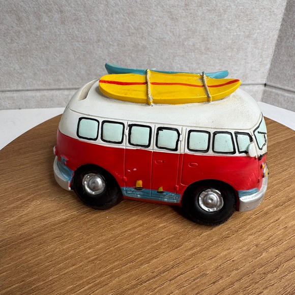VW Bus Surfboard Coin Bank Red White Ceramic Piggy Bank Surfs Up *No Stopper* - Picture 1 of 9